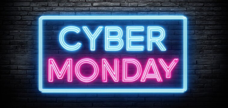 The Neon Cyber Monday Sign Glowing Blue and Pink on a Brick Wall