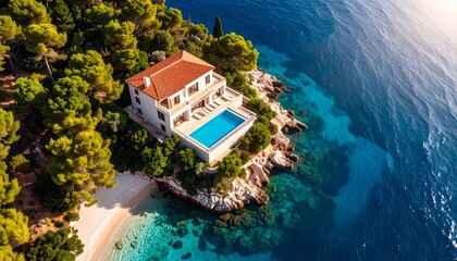 Coastal Luxury: Stunning aerial view of Mediterranean villa nestled on rocky coastline