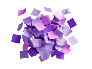 A cluster of scattered,  pastel purple and pink sticky notes