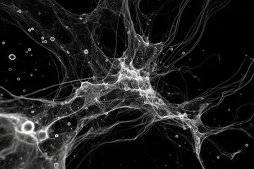 A black background is covered in a chaotic network of white filaments and spheres