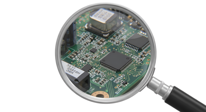 Examining a circuit board with a magnifying glass isolated PNG with Transparent Background