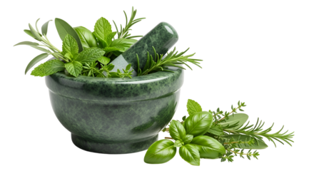 Fresh herbs in mortar ready for grinding isolated PNG with Transparent Background