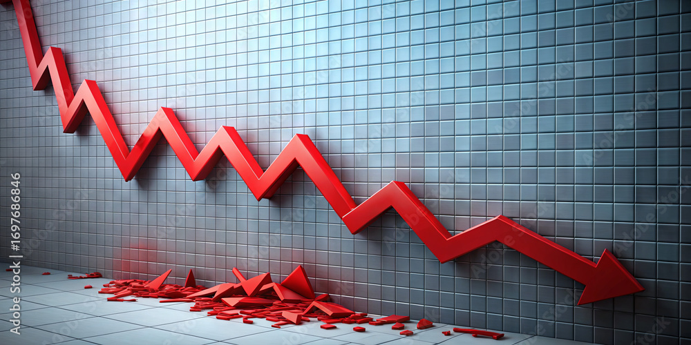 Poster a large red arrow indicates a significant drop in the financial market, resting on a tiled wall. the