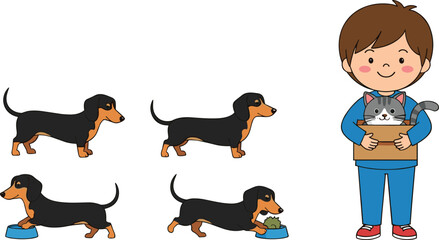 Cartoon dachshund dog in different poses with a happy child holding a cat in a box, cute pet-themed illustration