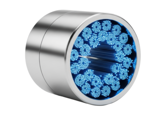 High-tech data conduit cross-section, metallic silver casing, cerulean blue glowing fiber optics on white studio background, concept of digital information flow