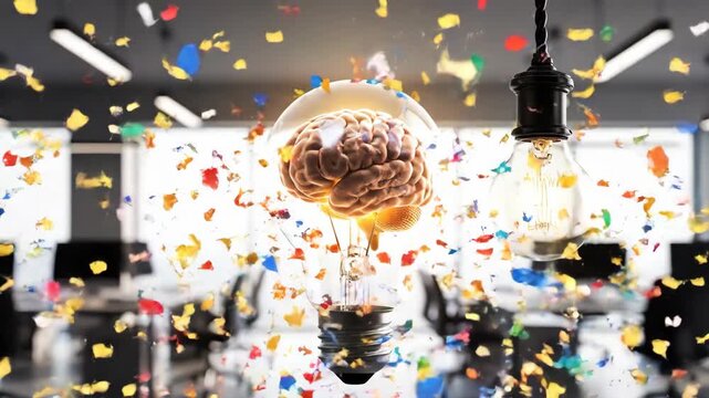 A glowing brain inside a lightbulb explodes with colorful confetti in a modern office setting.