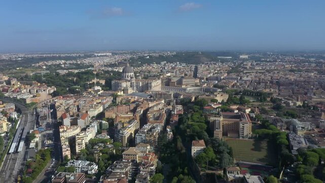 Drone flying over St. Peter&rsquo;s Basilica, its majestic dome, and the vast Piazza San Pietro, symbolizing the heart of the Catholic Church and Rome&rsquo;s timeless beauty.