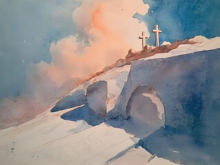 Vibrant Watercolor Painting of Three Crosses and an Empty Tomb on a Hill with Colorful Sky Spiritual Religious Symbolism