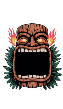 Flaming tiki mask with open mouth and tropical leaves evokes Polynesian culture and island vibes