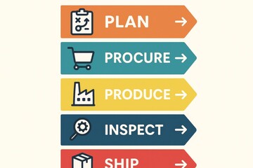 Colorful infographic showing plan, procure, produce, inspect, and ship steps with flat icon style on light background, representing supply chain stages