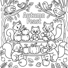 Cute cartoon foxes and squirrels enjoying an autumn feast with pumpkins and apples.