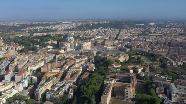 Drone captures St. Peter&rsquo;s Basilica, its majestic dome, and the vast Piazza San Pietro, symbolizing the heart of the Catholic Church and Rome&rsquo;s timeless beauty.