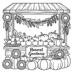 Black and white illustration of a harvest stand filled with pumpkins and apples.