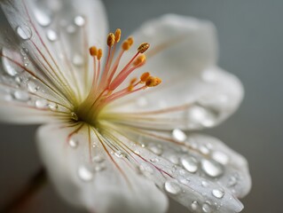 Vibrant White Flower with Fresh Water Droplets in Macro Closeup on Blurred Background