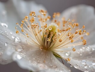 Delicate White Flower with Fresh Water Droplets on Yellow Stamens Macro Close Up