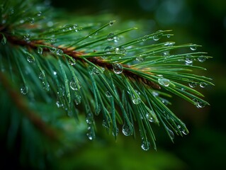 Vibrant Green Pine Needles with Glistening Raindrops Fresh Nature Background Macro Shot