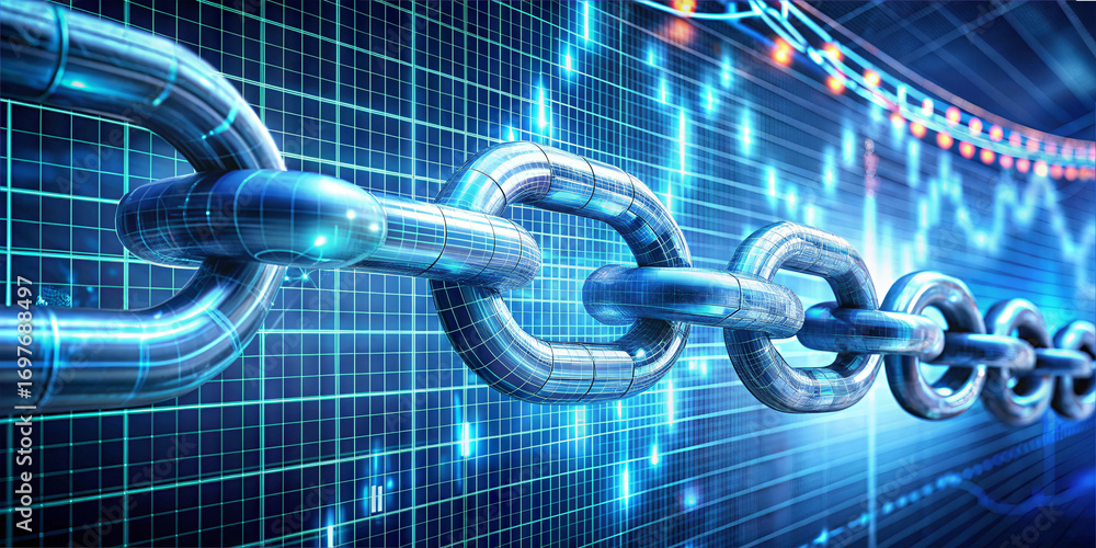 Poster a digital representation highlights interconnected blockchain links against a backdrop of fluctuatin