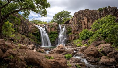 Fototapeta premium Lush waterfall cascading into a rocky pool