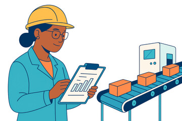 Female engineer with glasses wearing a hard hat and lab coat holding a clipboard near conveyor belt with boxes, isolated white background. Ai generative