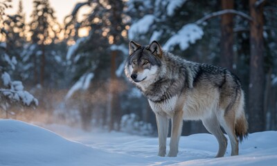 Obraz premium Gray wolf in a snowy forest at dawn