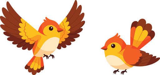 Colorful Cartoon Birds Vector – Cute Flying and Standing Birds Illustration for Kids, Nature Designs, Educational, and Animal Projects