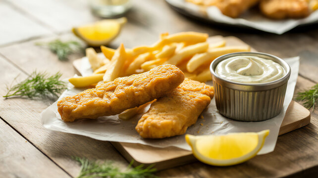 Classic british fish and chips with tartar sauce and lemon wedges on wooden table
