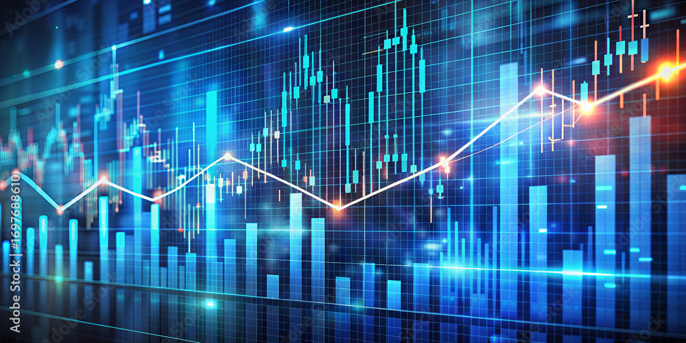 Poster Complex data is visualized through graphs and bars, showcasing market trends in a vibrant color scheme. This representation assists in financial analysis during trading hours