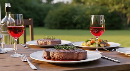 Naklejka premium Grilled steak dinner outdoors. Elegant meal on a wooden table, with glasses of ros? wine, surrounded by greenery. Two steaks, vegetables, and wine