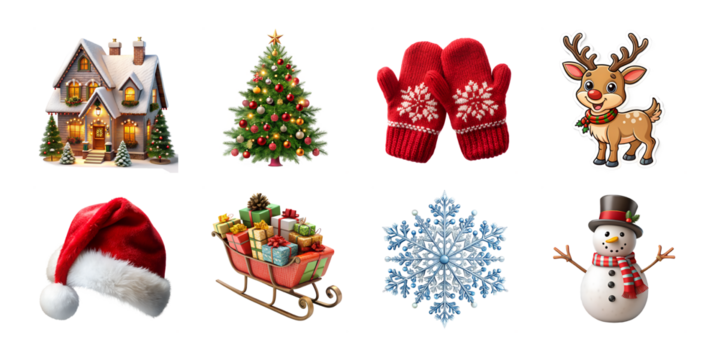 Collection of festive christmas icons including santa hat snowman reindeer and sleigh