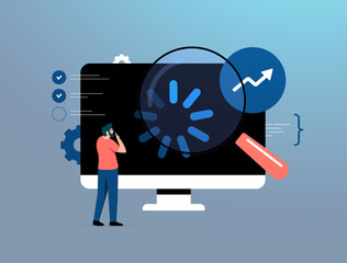 Website performance optimization - reduce page load times with magnifying glass over loading screen. Web analytics growth chart and user analyzing data problems. SEO speed testing vector illustration