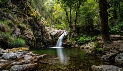 Fototapeta premium Tranquil waterfall cascading into a pool, surrounded by lush forest
