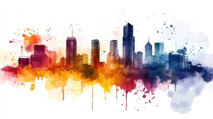 Fototapeta premium Stylized watercolor city skyline with vibrant buildings