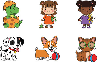 Cute Baby Dinosaur, Girls, Dogs and Cat with Toys &ndash; Cartoon Vector Set for Kids Designs, Clipart, and Educational Projects