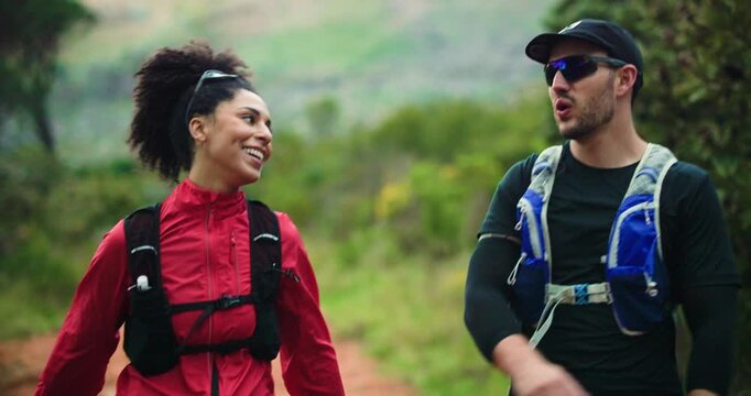 Running, team and high five with couple in nature for exercise, trekking adventure and support. Workout, motivation and training with man and woman on forest trail for runner partner and fitness