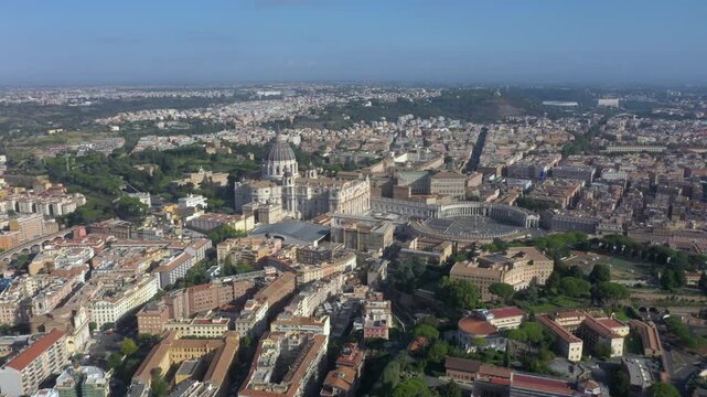 Amazing aerial flying over St. Peter&rsquo;s Basilica, its majestic dome, and the vast Piazza San Pietro, symbolizing the heart of the Catholic Church and Rome&rsquo;s timeless beauty.