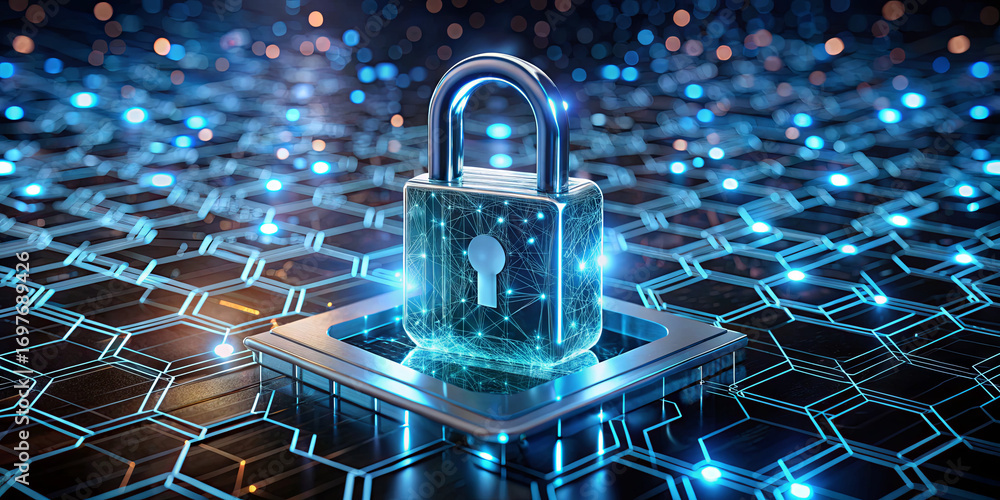 Poster a glowing padlock sits on a circuit-like surface filled with interconnected nodes and lines, symboli