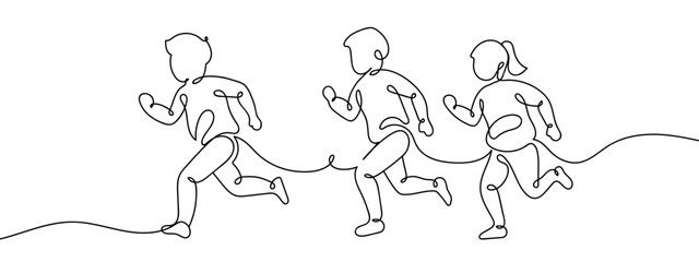 Continuous vector line of a group of children running and playing. Line art. Editable stroke.