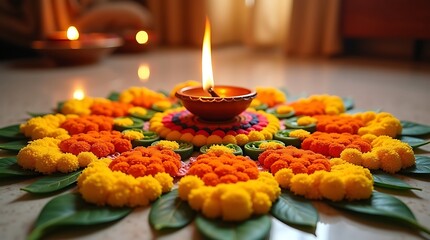 Obraz premium Floral Rangoli with Diya and Petals for Traditional Indoor Festive Decor