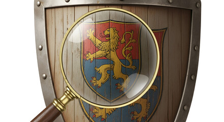 Fototapeta premium Magnifying glass inspecting an heraldic shield isolated PNG with Transparent Background