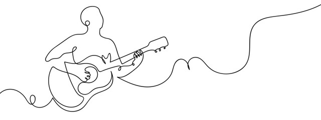Obraz premium Continuous vector line of a person strumming a guitar. Line art. Editable stroke.