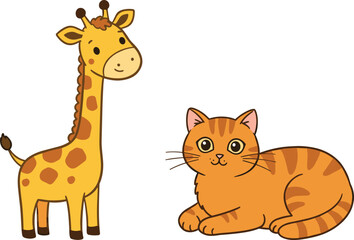 Cute cartoon giraffe standing next to an adorable orange tabby cat lying down, friendly animals illustration for kids
