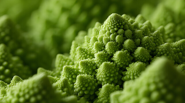 Close-up view of vibrant green romanesco cauliflower showcasing intricate fractal patterns and textures, highlighting the beauty of natural geometry in fresh produce