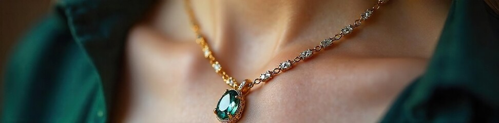 Close-up shot of delicate gold necklace with intricate detailing, sparkling gemstones, and a pendant Perfect for fashion blogs, jewelry websites, and advertising campaigns , glitter, exquisite