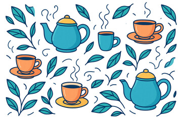 Hand-drawn tea and coffee cups with teapots and green leaves, colorful illustration style on white background, concept of hot drinks, Ai generative