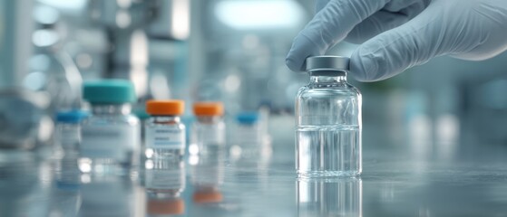The Vial Held by Gloved Hand on Laboratory Bench with Vaccines