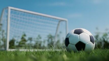 Soccer ball on green grass with goal in the background, selective focus.