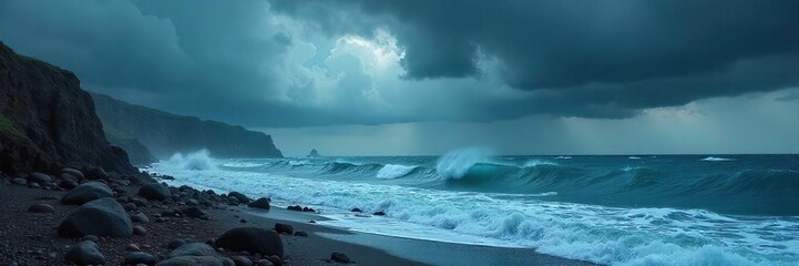 Dark stormy clouds gather over a vast, powerful ocean, waves crashing against a rocky shore The scene evokes a sense of immense, untamed energy , powerful, dramatic sky, texture