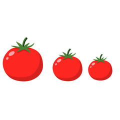 Three ripe red tomatoes of varying sizes, each with green stems, arranged horizontally.
