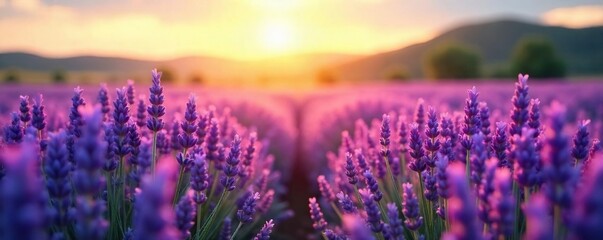 Serene lavender field bathed in soft sunlight, conveying tranquility and spiritual peace Perfect for meditation, aromatherapy, and wellness themes , spa, purple