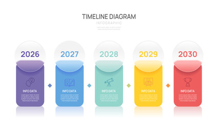 Business infographic timeline year glass morphism template 5 Steps. Business milestone and strategy presentation.Vector illustration.